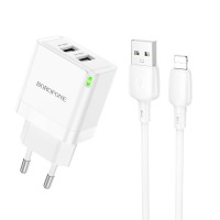  Lādētājs Borofone BN15 2xUSB-A + USB-A to Lightning kabelis 1.0m white 